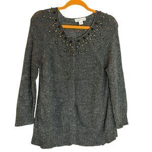 Coldwater Creek Cardigan Sweater Embellished Bead Gray L 14 16 bv